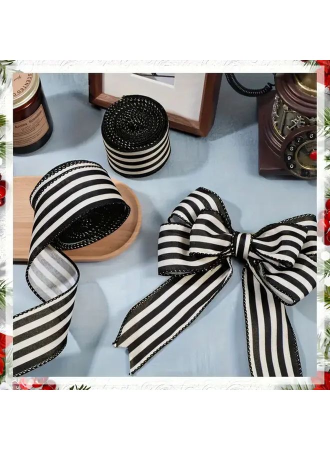 Black And White Striped Christmas Ribbon With Wire For Holiday Decorations And Gift Wrapping - Image 2